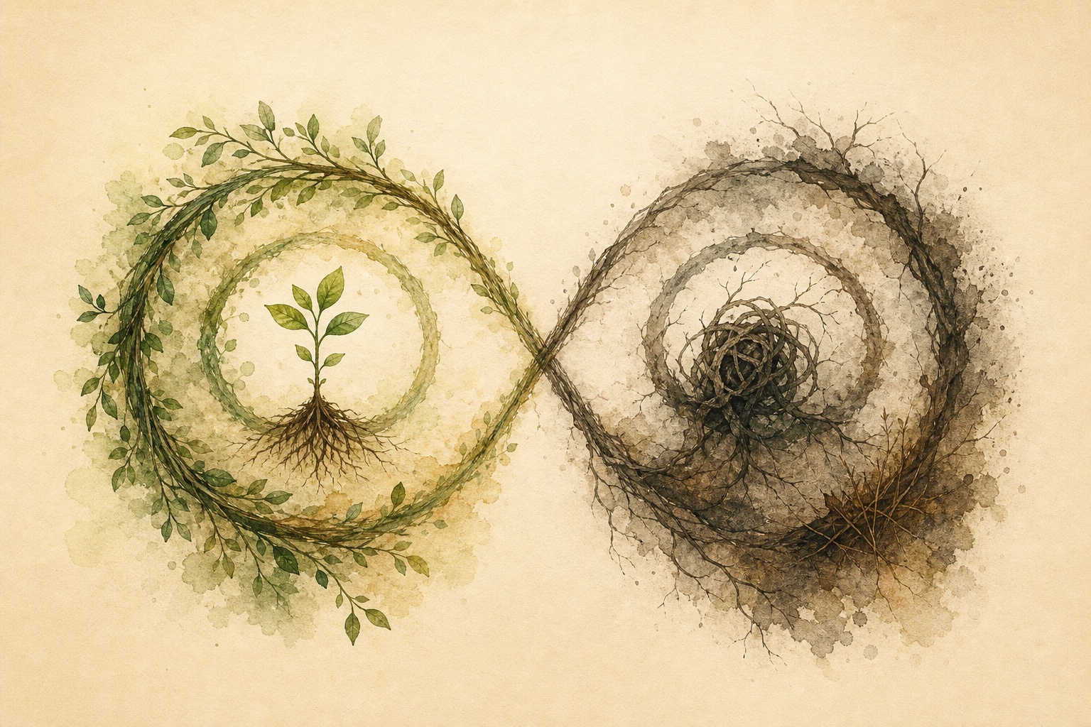 Two adjacent feedback loops: one green and living, the other dark and tangled.
