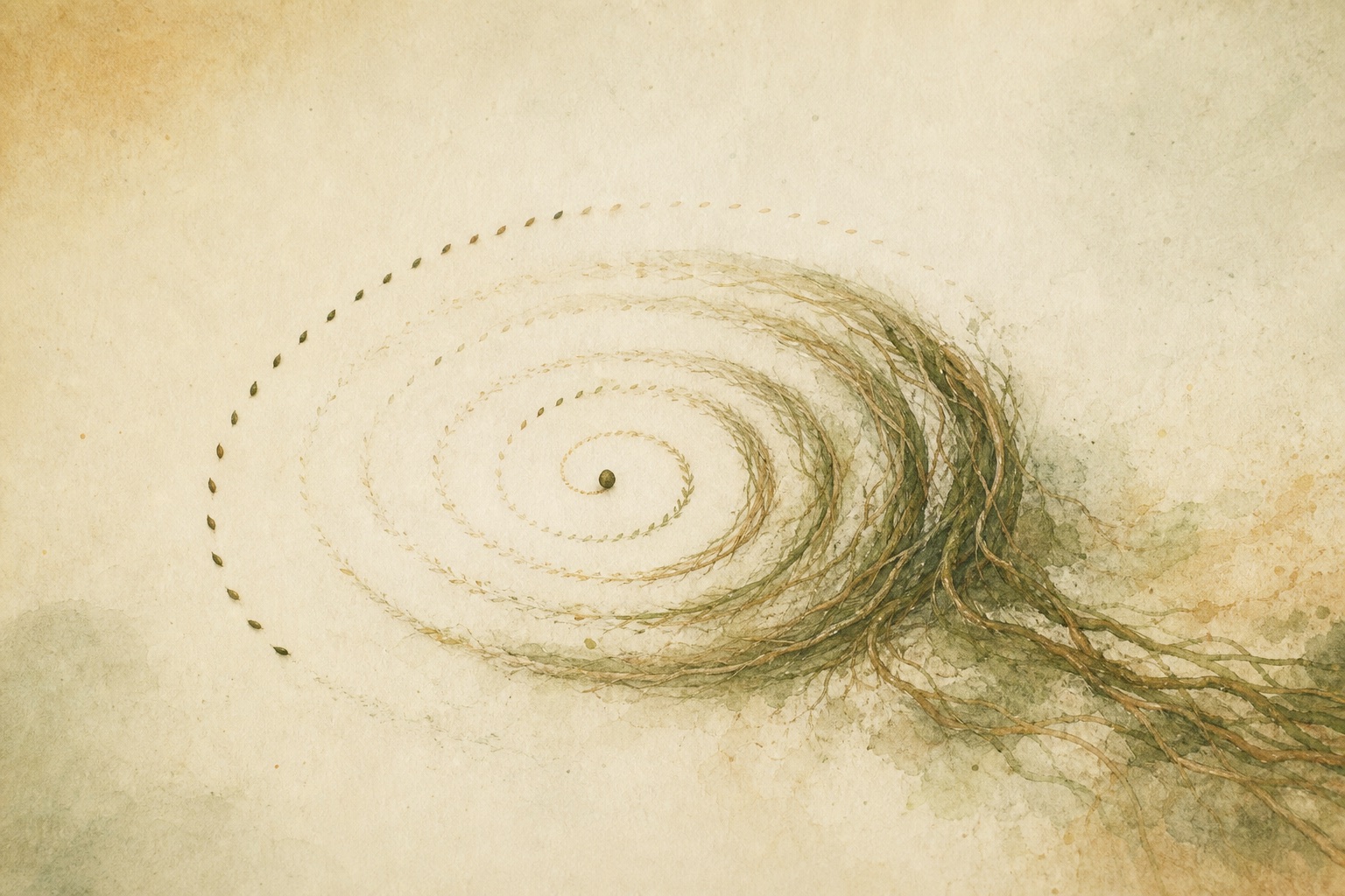 A small circular loop gradually becoming roots and a stable structure.