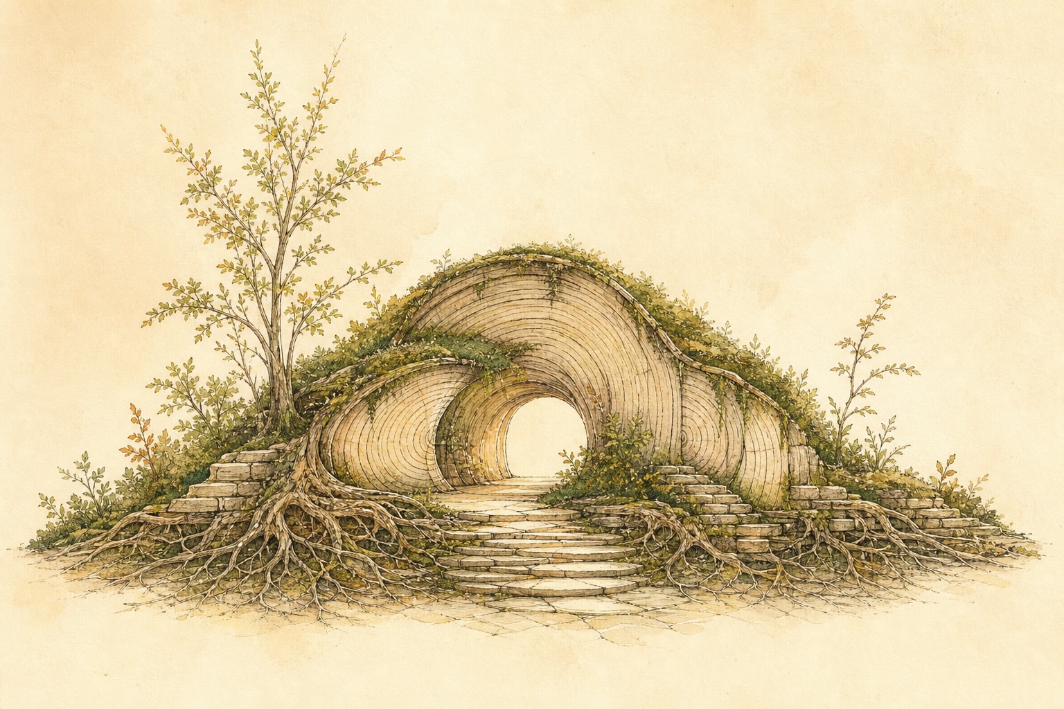 A calm structure made from tree rings, roots, stone steps, and a path.