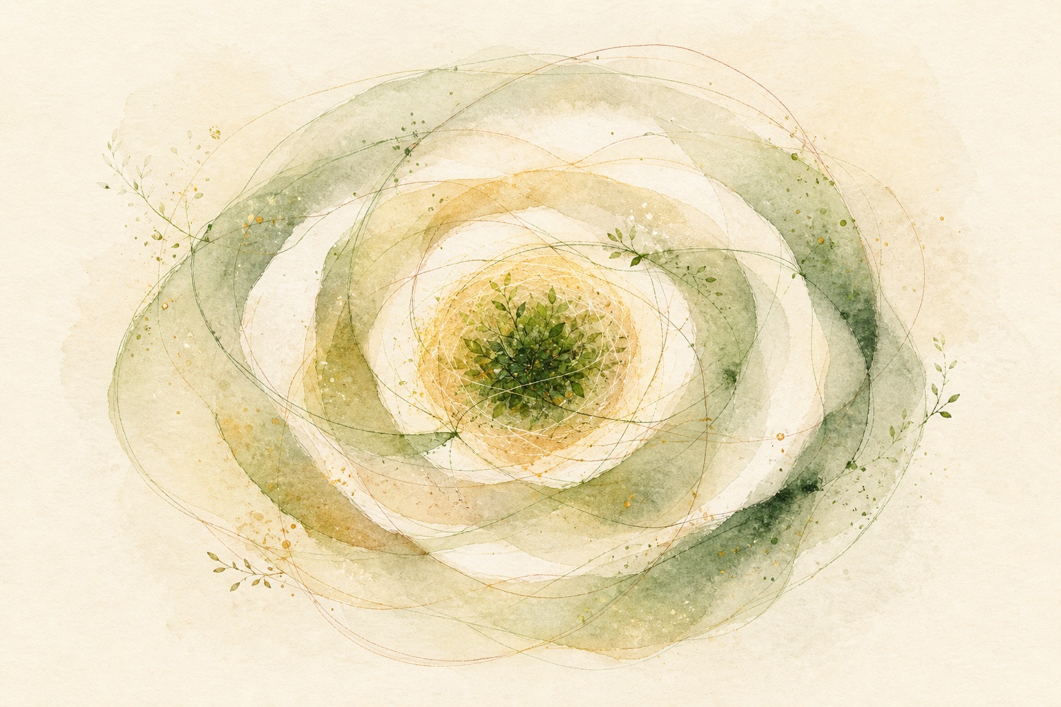 Watercolor rings circling a small living center, suggesting retention, feedback, and repetition.