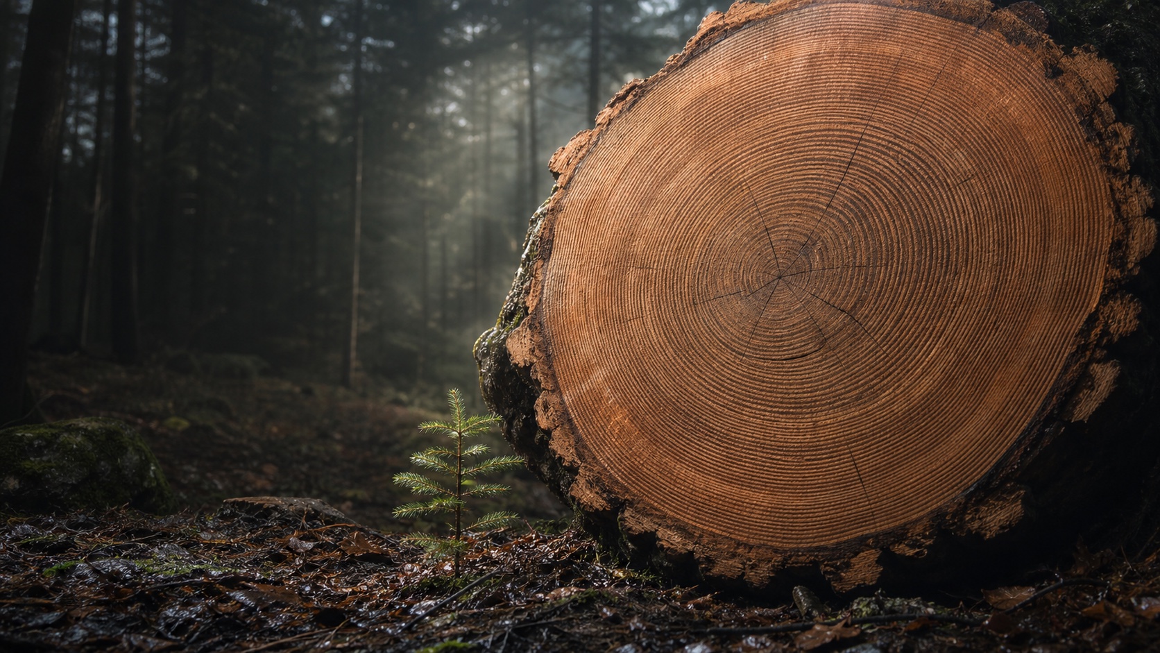 The cut face of an immense old tree reveals many growth rings beside a young sapling in a dark forest.
