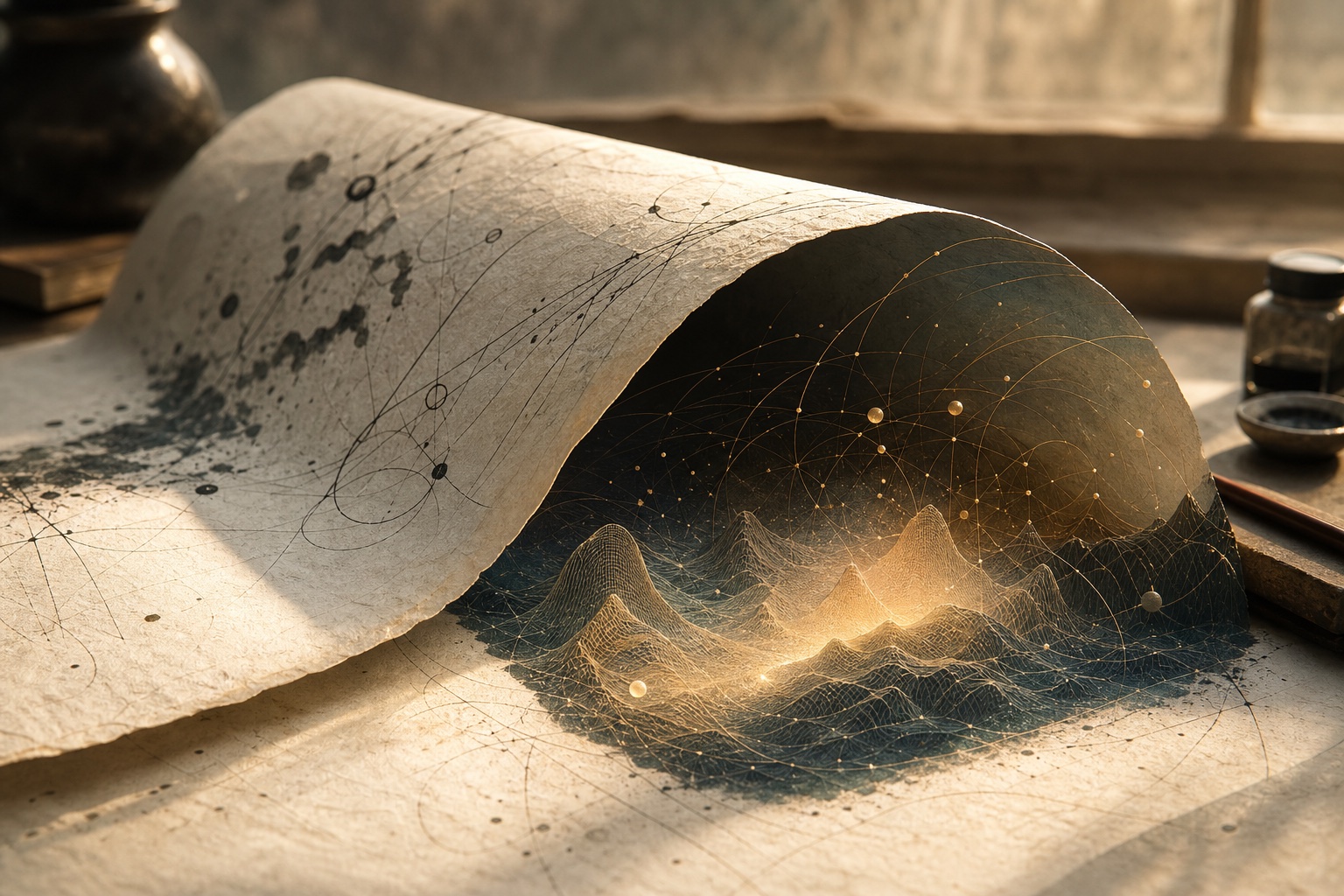 A textured paper boundary curling open to reveal a softly luminous interior geometry.