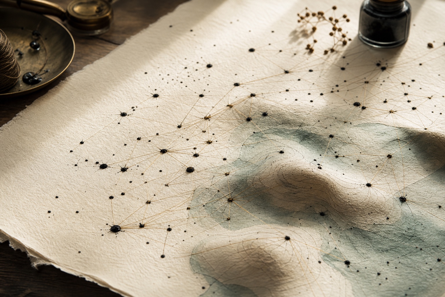 Ink nodes and fine thread-like connections spreading across paper and forming a subtle landscape.