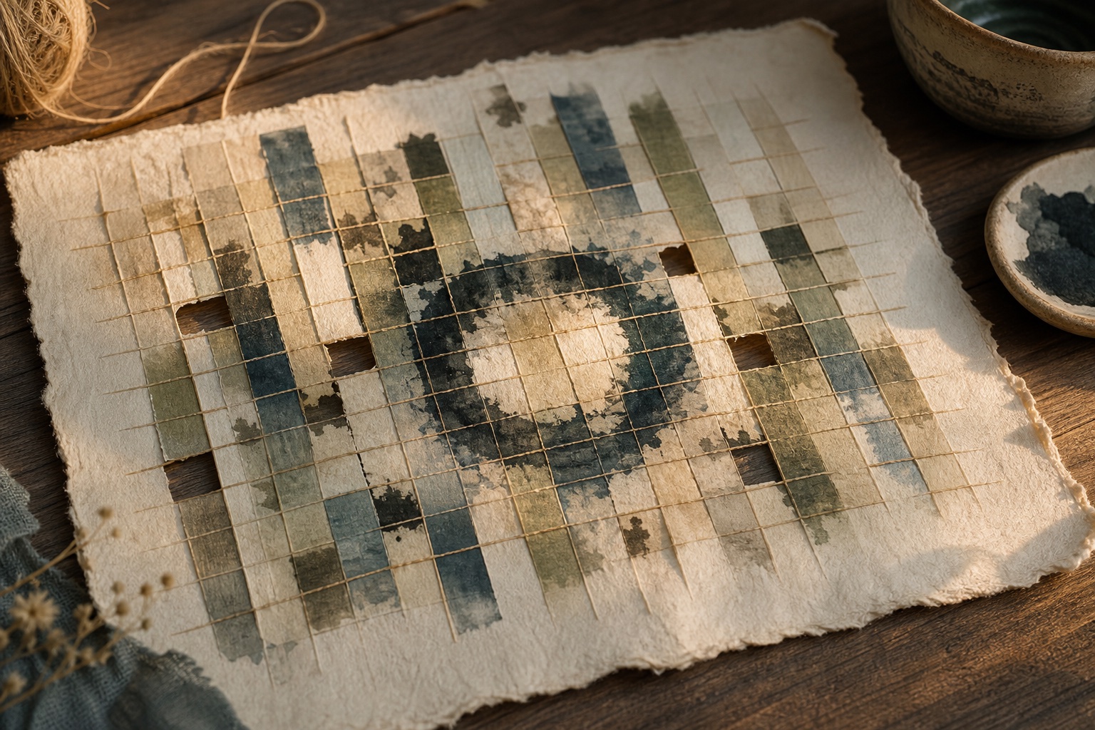 A woven paper pattern with missing pieces that still holds its overall structure.