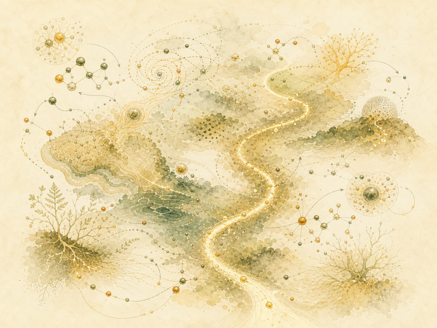 A pale parchment atlas of mind-space with soft watercolor terrain, branching routes, bead-like nodes, and curved arrows.