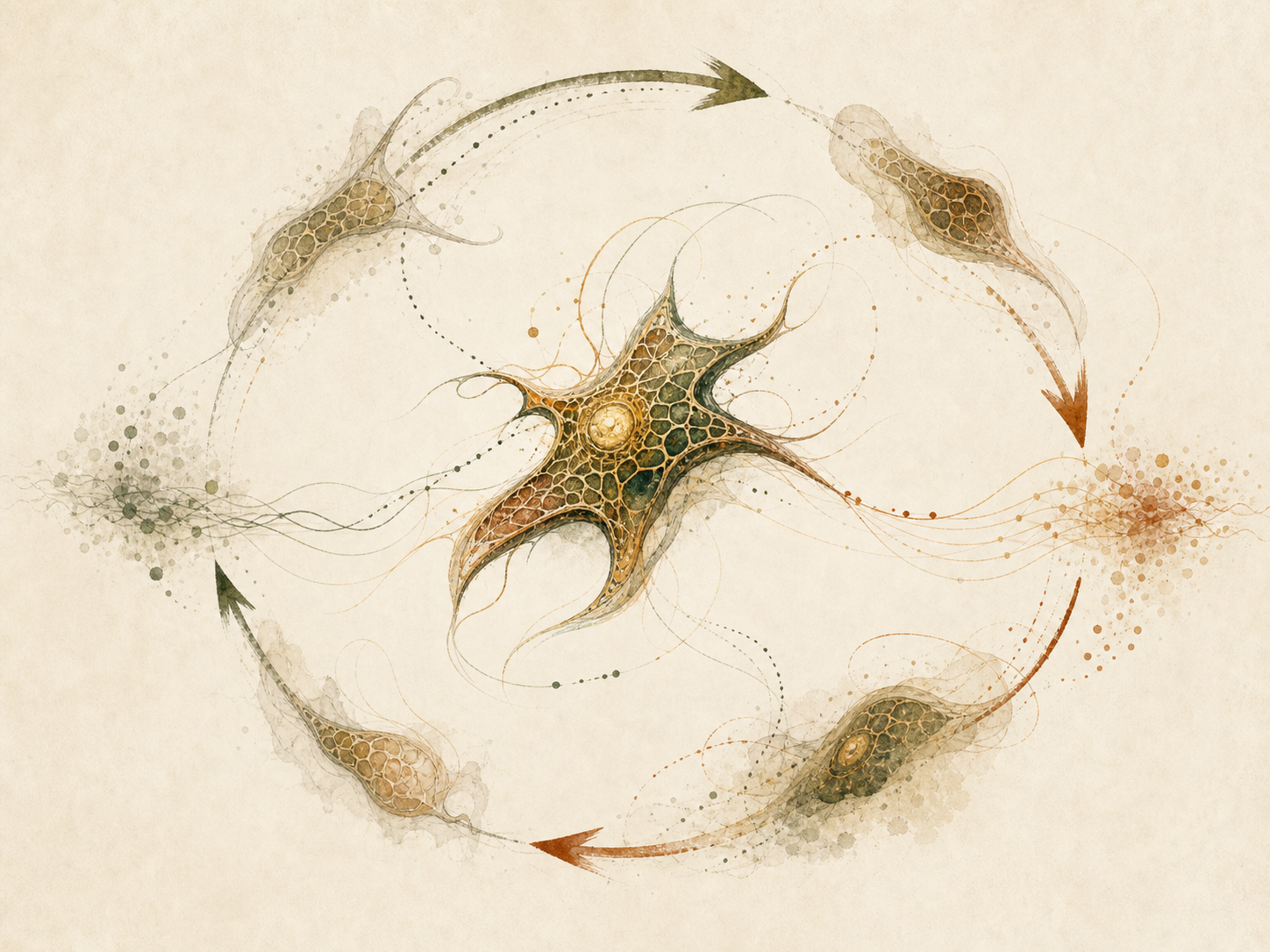 A central living form surrounded by circular arrows and smaller forms, showing plurality, correction, judgment, and guided adaptation.