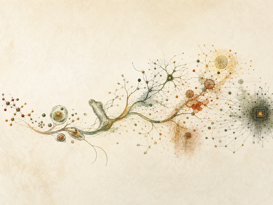 The long transition: The same grammar changes substrate: molecules, cells, bodies, brains, language, culture, AI.