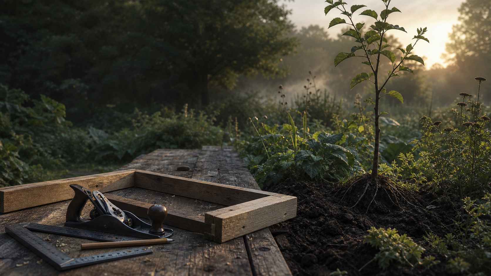 A carpenter’s hand plane and square rest on a weathered workbench that leads into a varied morning garden beside a young rooted tree.