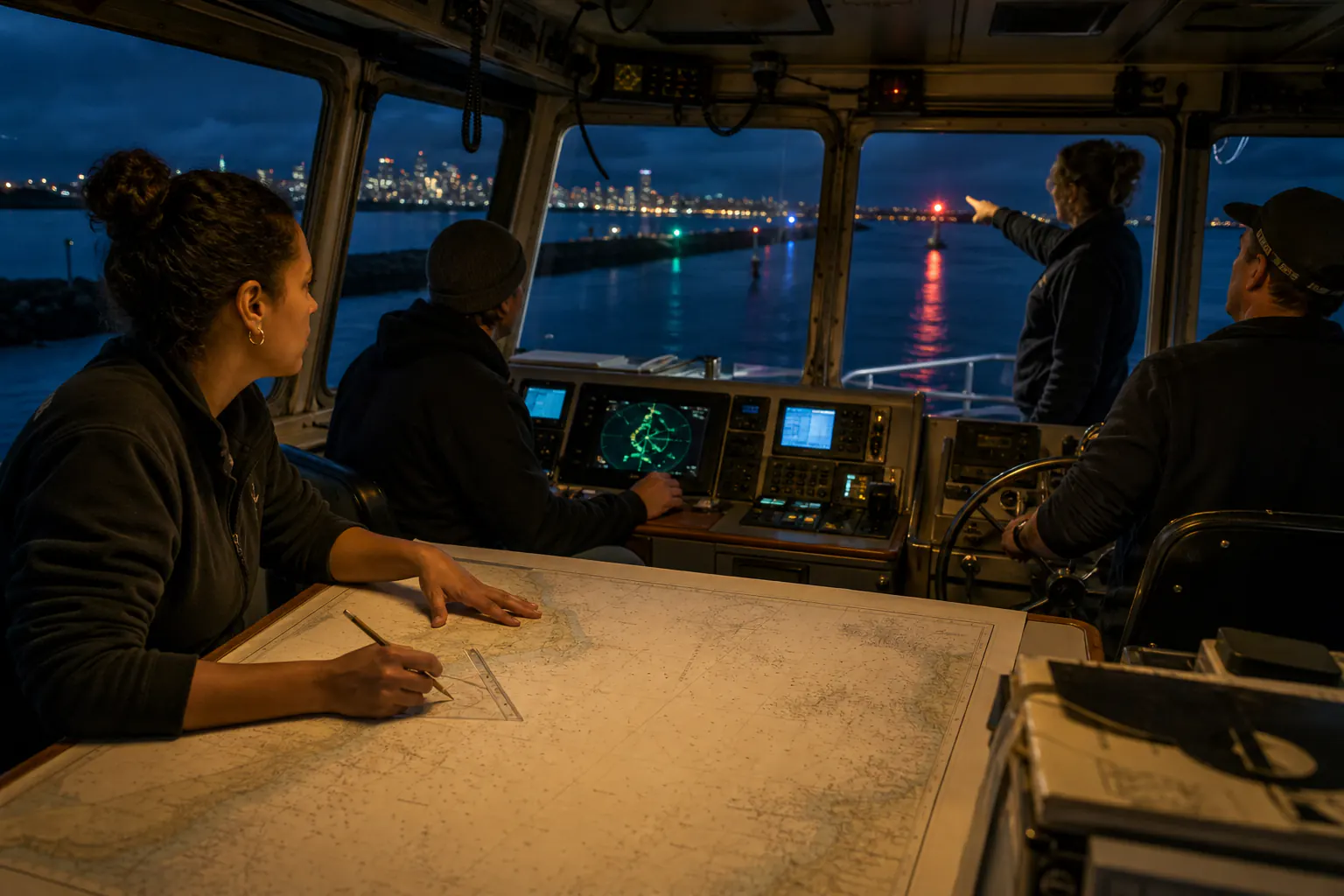 A diverse navigation crew works across charts, instruments, windows, and spoken coordination on a research vessel entering harbor at night.