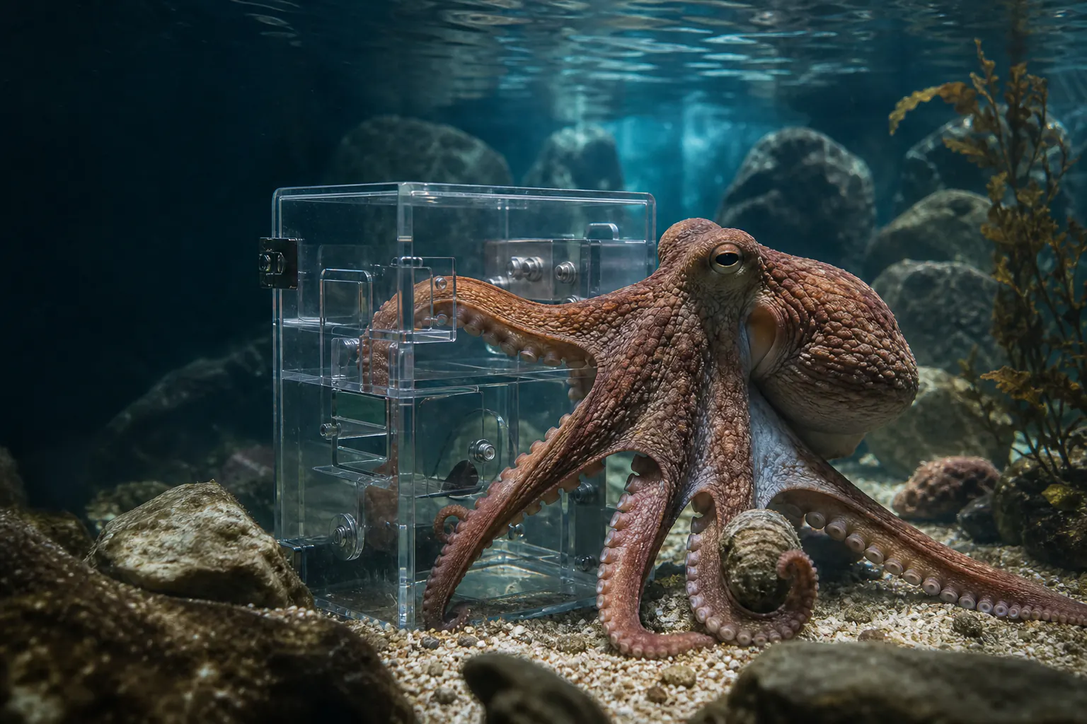 An octopus explores a transparent puzzle enclosure with several arms, each contacting different surfaces while the whole animal remains coordinated.
