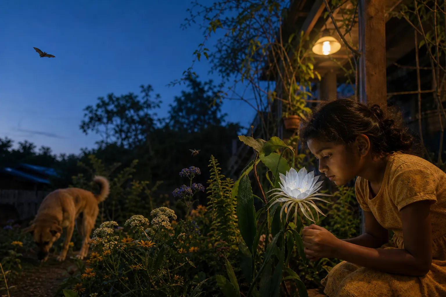 A child and dog pause in a twilight pollinator garden while a bee approaches flowers and a bat crosses overhead, placing several sensory lives in one physical scene.