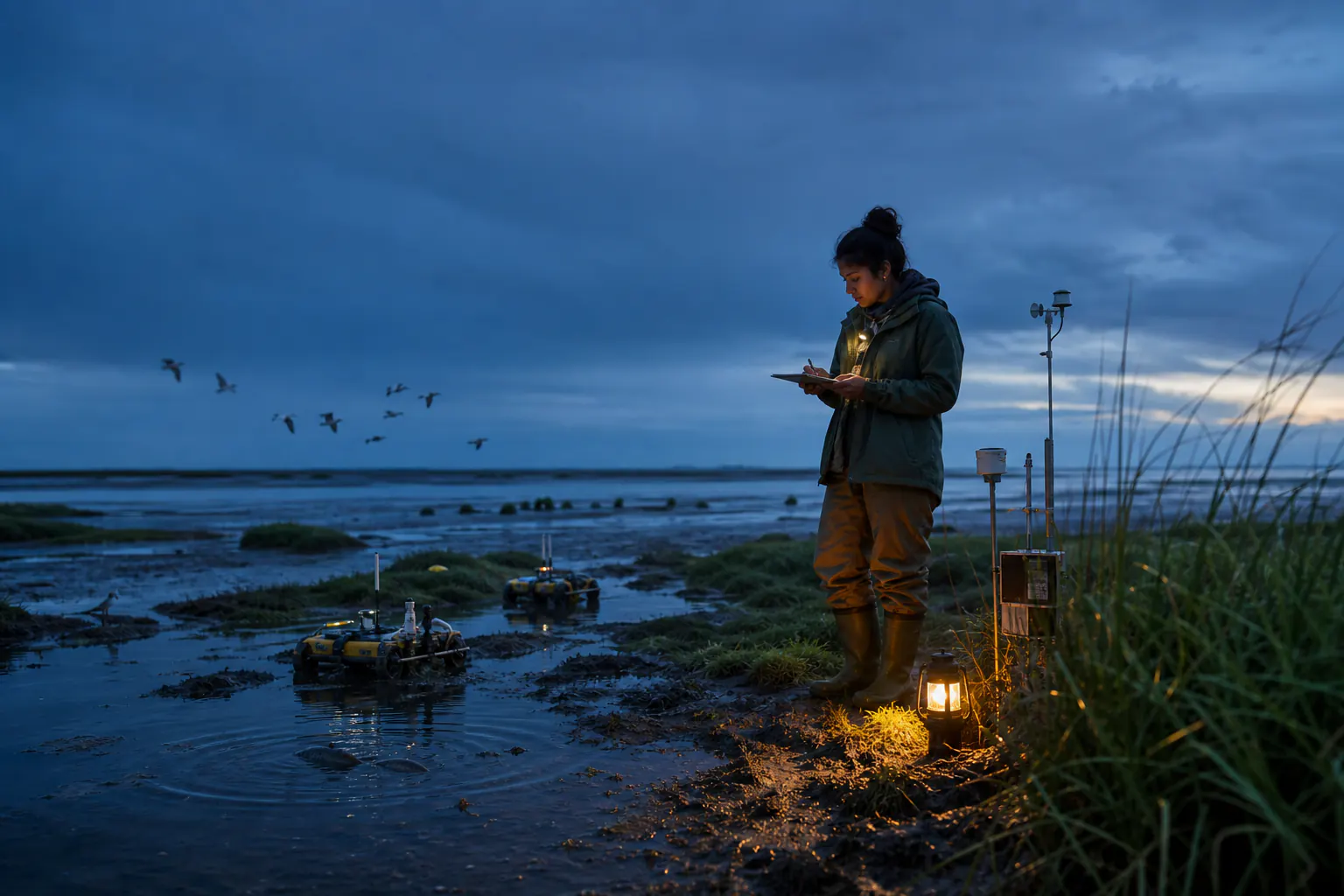 At a tidal wetland research station, a brown-skinned young field scientist watches birds and water while quiet sensors and small restoration robots work within the same living ecosystem.