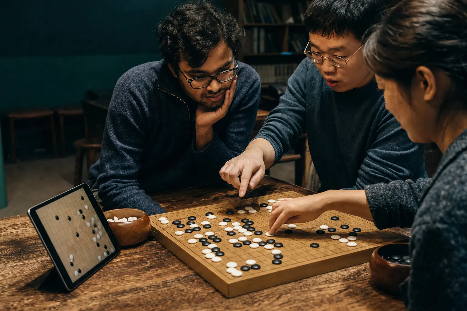 Three adult Go players lean over a shared board, point to competing continuations, and compare the position with an analysis tablet.