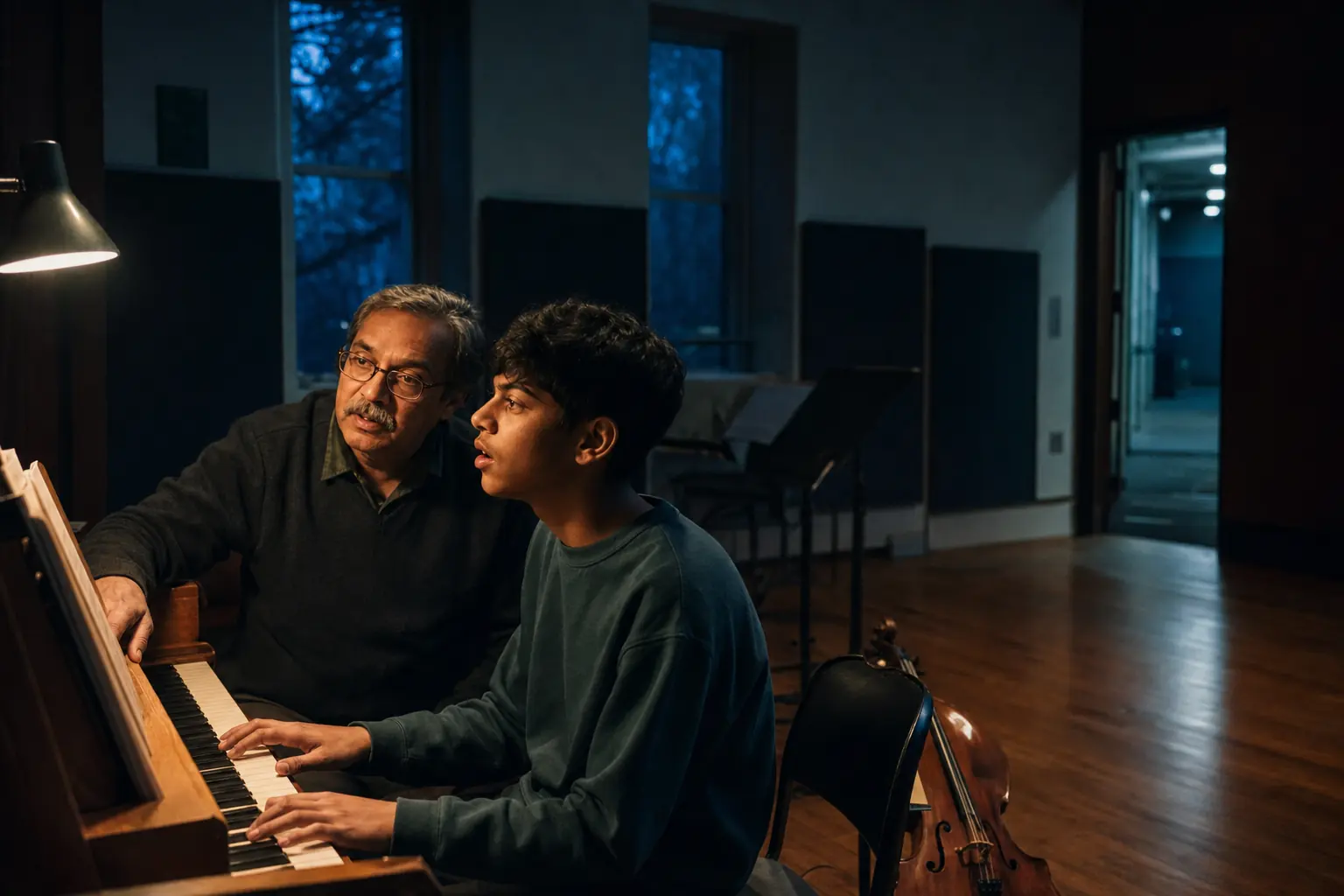 A teenage pianist studies a passage with an older teacher in a quiet music room, with a cello waiting beside them.