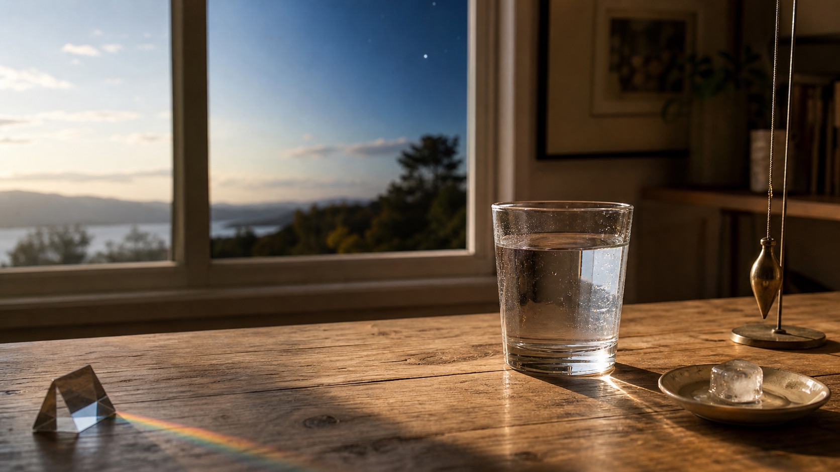 A glass of water, a prism, a pendulum, and melting ice on a sunlit wooden table.