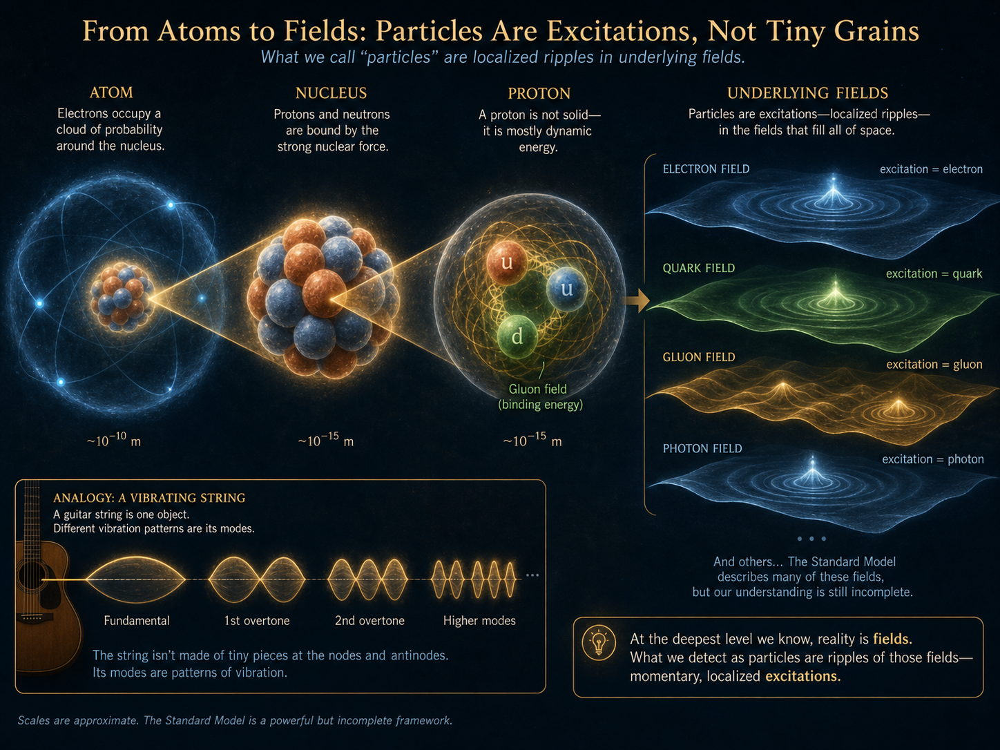 A layered diagram moving from atom to nucleus to proton and quarks, then to underlying fields where localized ripples appear as particles.