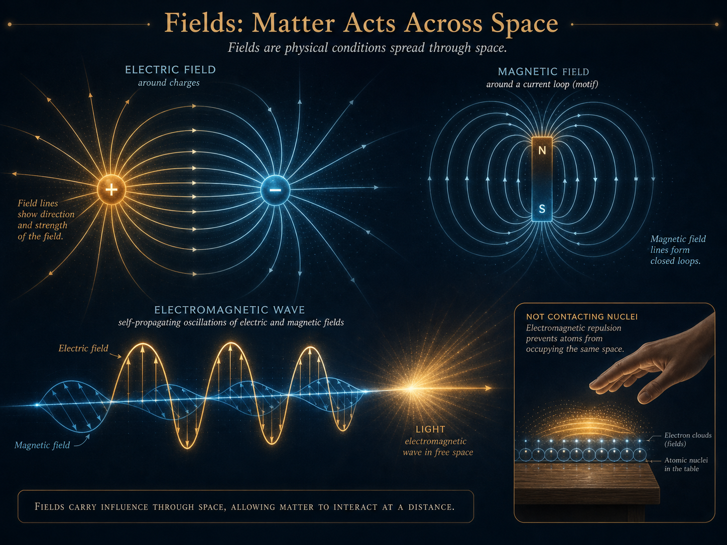 Electric field lines between charges, magnetic field loops, a light wave as linked electric and magnetic fields, and a hand stopped by electromagnetic repulsion above a table.