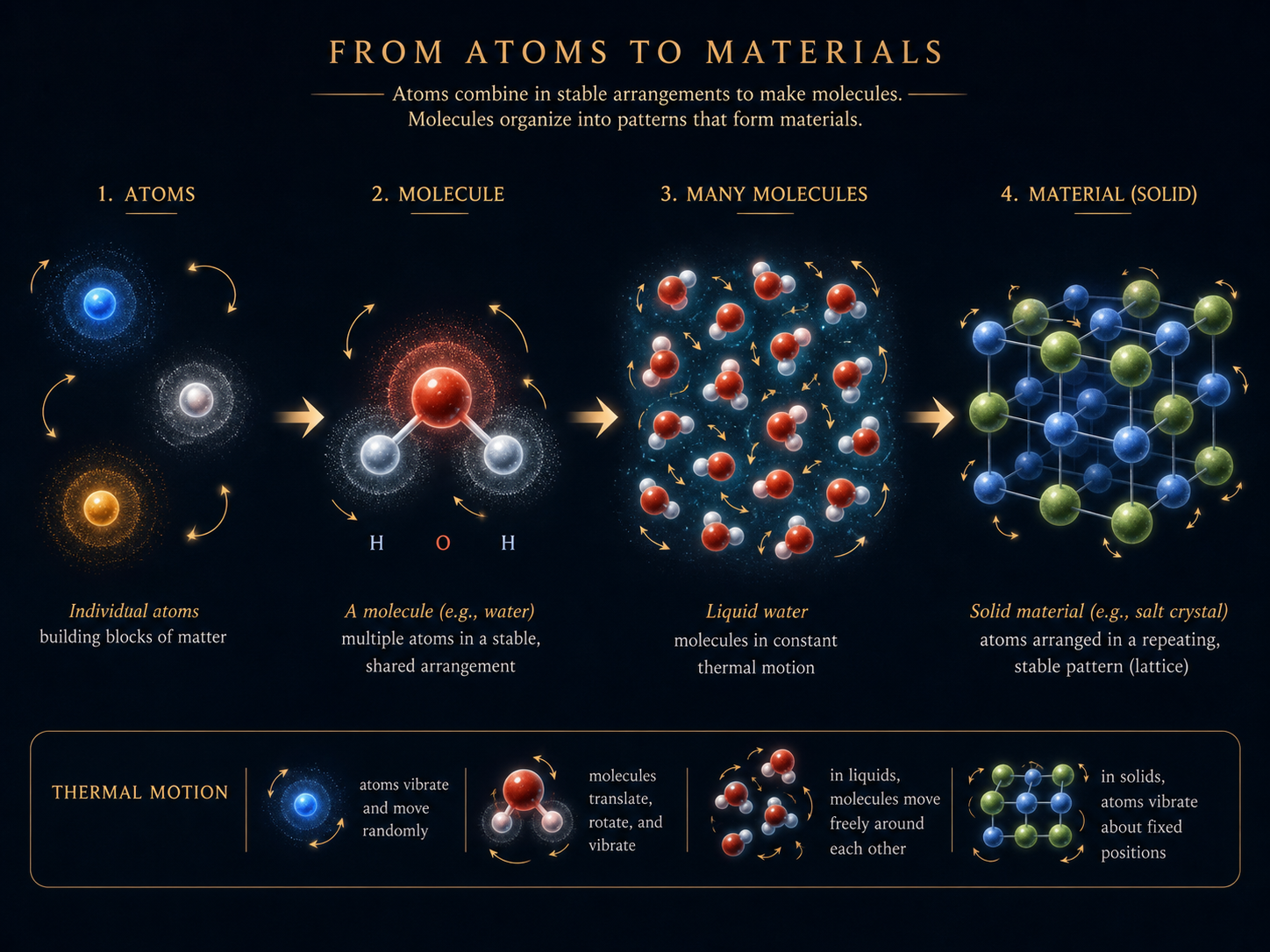 A step-by-step diagram showing individual atoms joining into a water molecule, many water molecules in liquid motion, and atoms arranged in a repeating solid lattice.