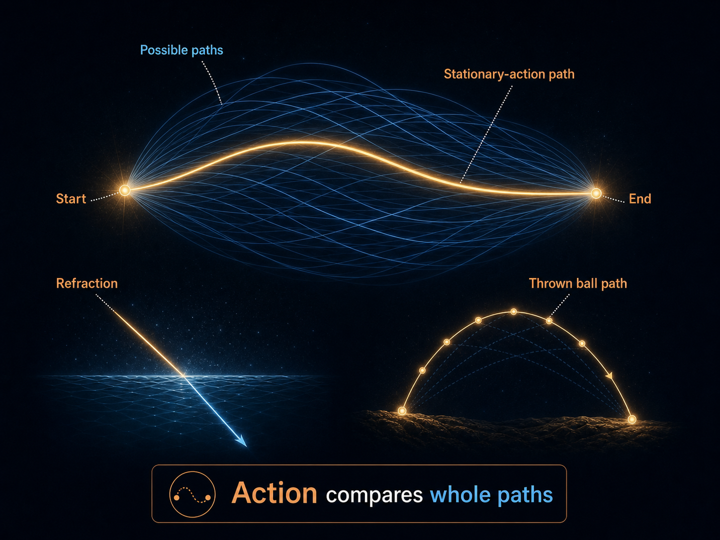 Many possible paths connecting two points, with one highlighted stationary-action path and subtle hints of refraction and a thrown-ball arc.