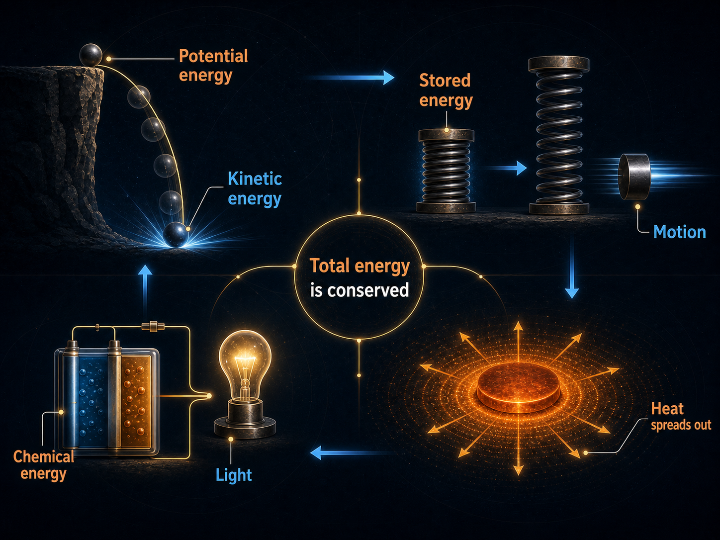 An energy transformation diagram connecting a falling object, compressed spring, battery, light beam, heat, and a balanced conservation ledger.