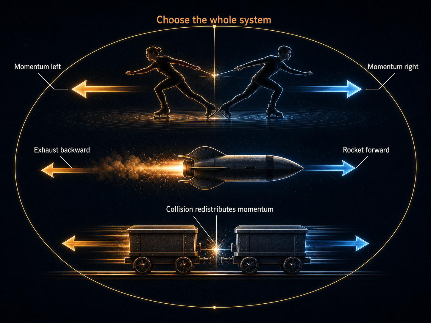 A momentum diagram showing skaters pushing apart, rocket exhaust moving backward, a cart collision, and a spatial symmetry grid behind them.