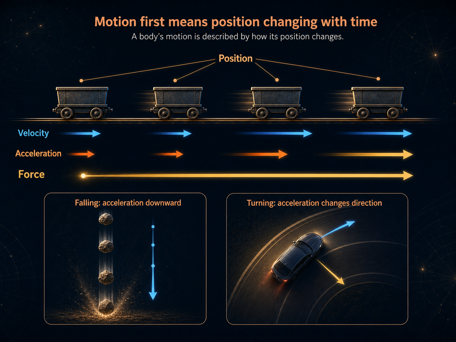 A mechanics teaching image showing a cart at successive positions, velocity and acceleration arrows, a falling stone, and a turning car as examples of motion changing over time.