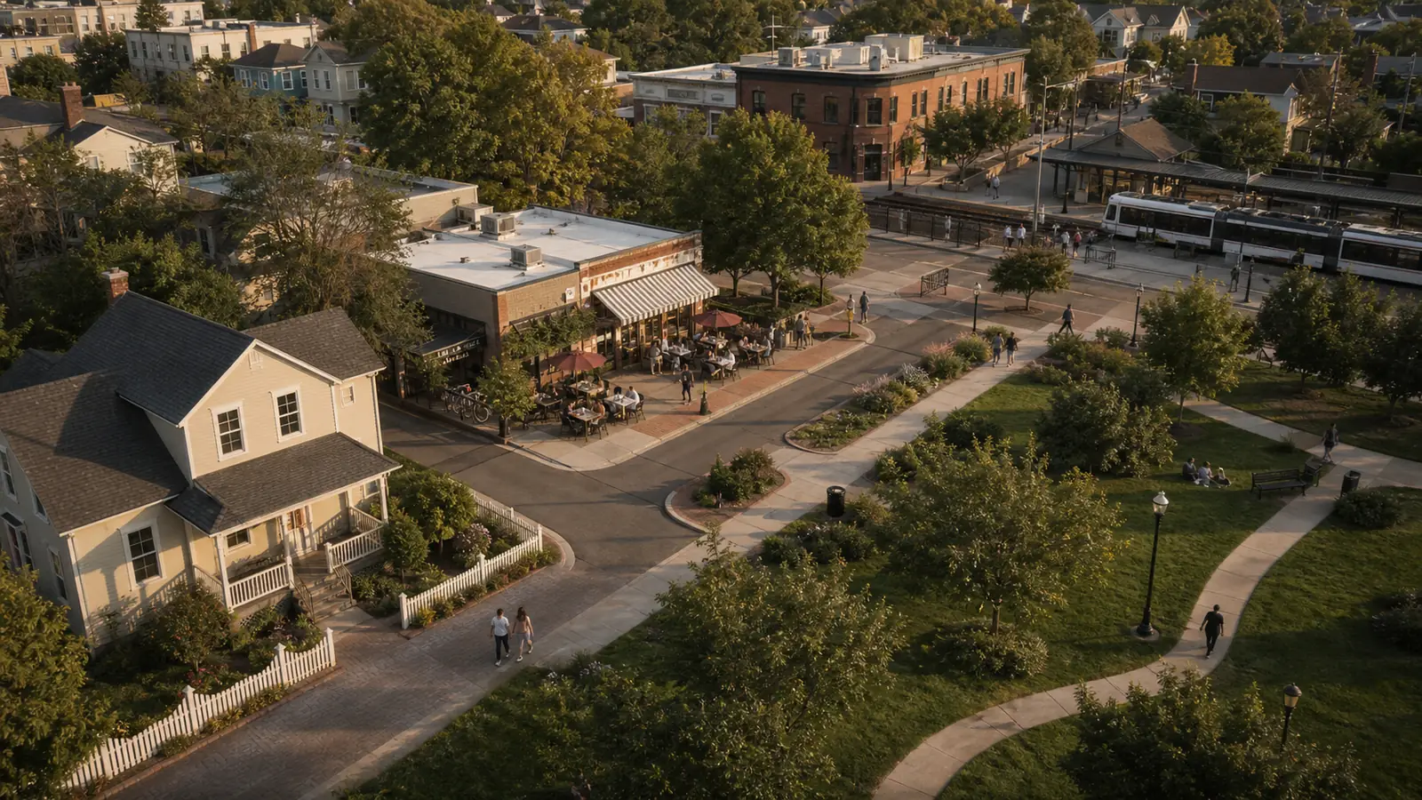 An elevated view shows a home, café, park, and train station joined by walkable streets. A route from home to café can continue from café to station, making a longer trip from home to station.