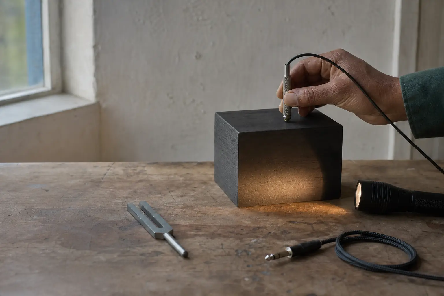 A sealed black box is investigated with a probe, flashlight, tuning fork, and cable. Its hidden interior cannot be seen, but each careful interaction adds a different piece of evidence about how it behaves.