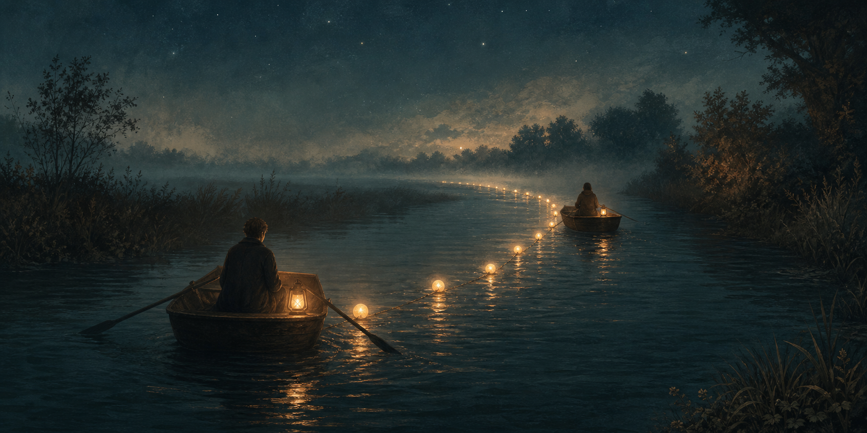 Two boats at night connected by a soft line of lanterns on a quiet river.