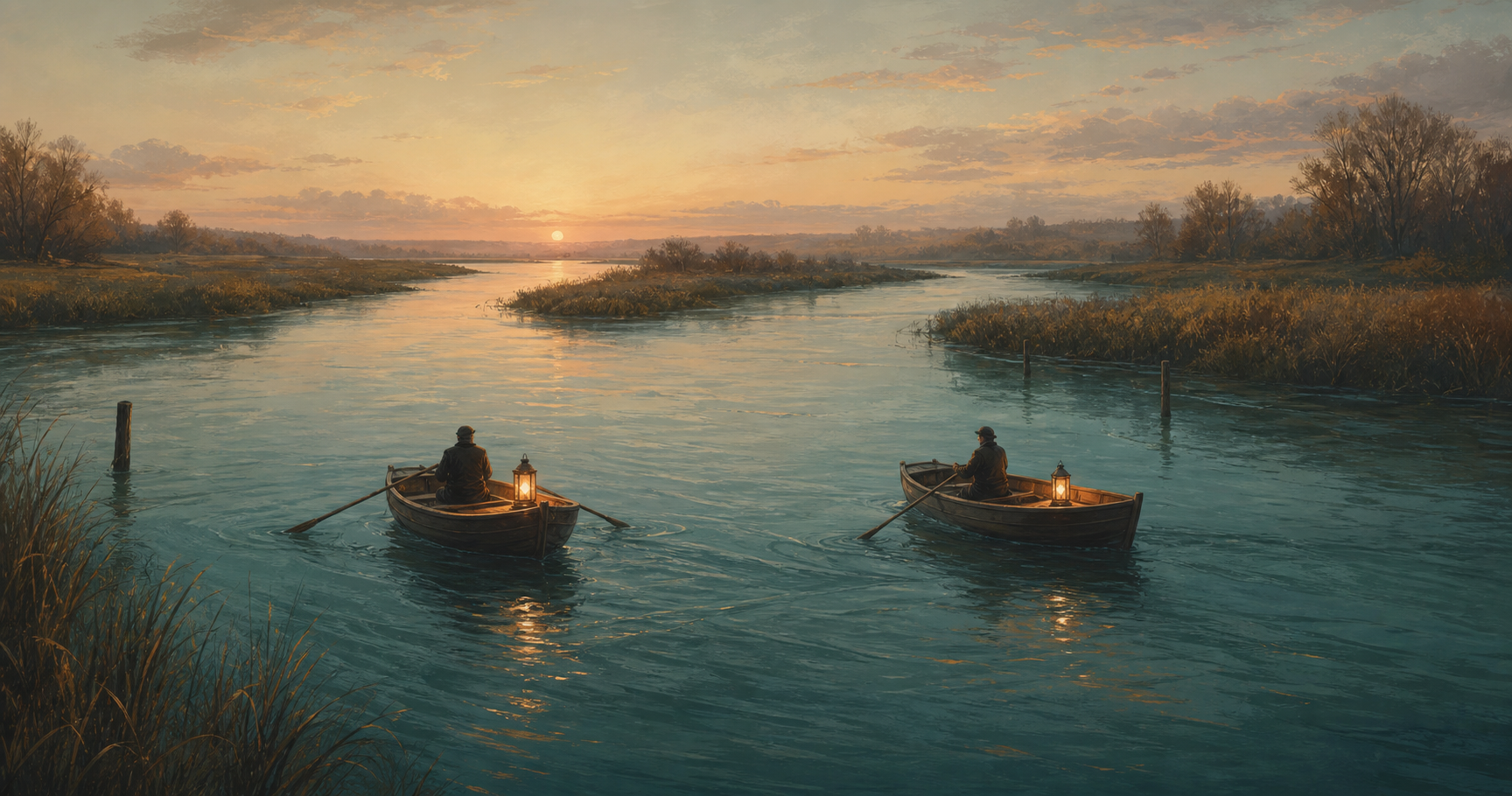 Two small boats with warm lanterns floating on a wide river at dusk.