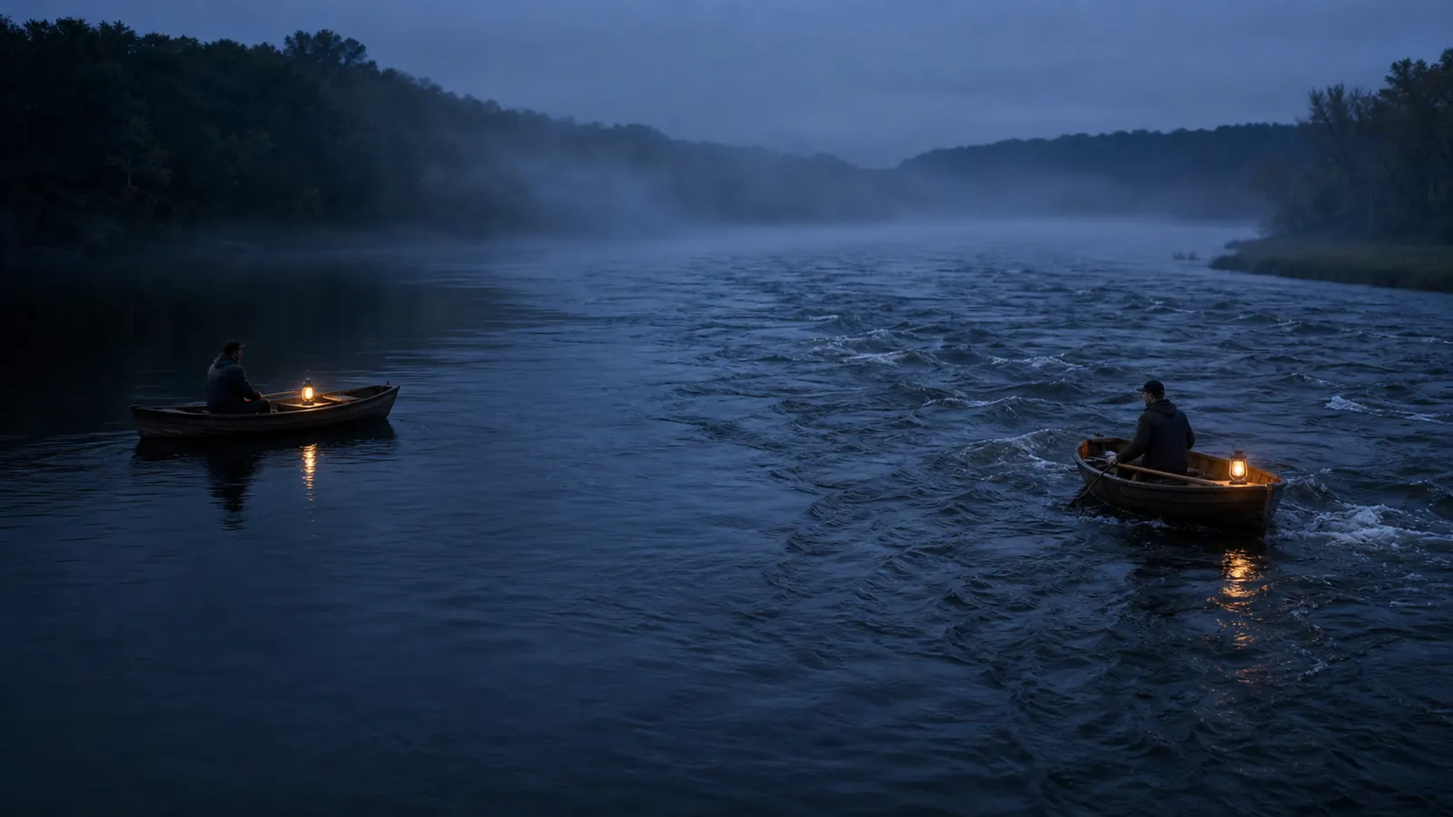 Two small wooden boats carry separate warm lanterns across a broad river at dusk. The boats are close enough to see one another, but one meets a calm side channel while the other enters faster water.