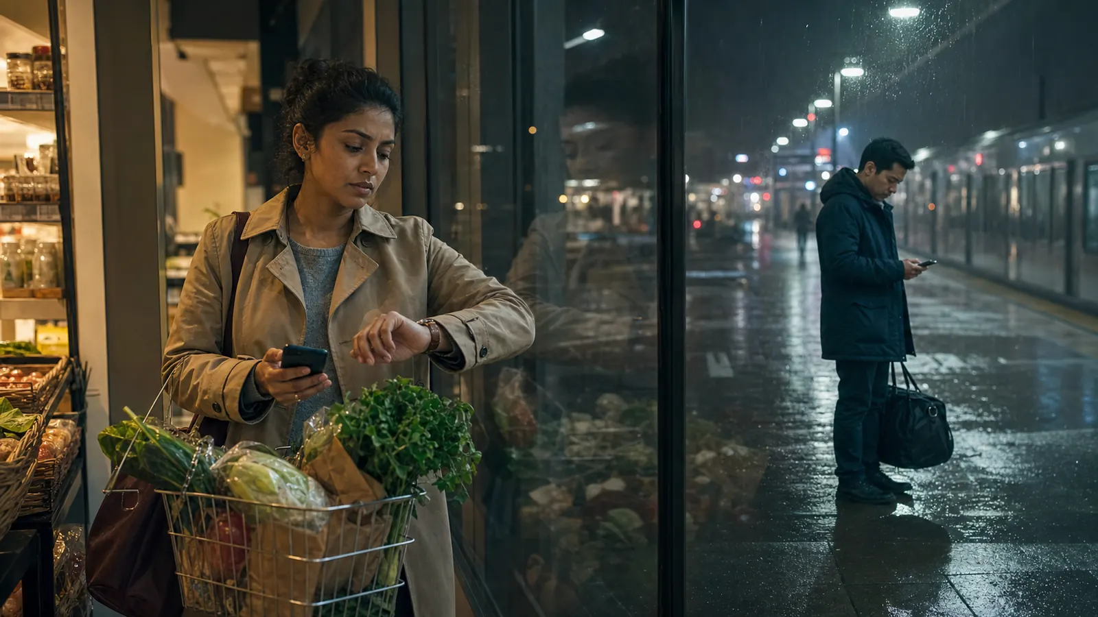 One person waits with a packed bag near a rainy train platform while another stands tired in a grocery aisle holding a phone. Their different surroundings make the same incoming message carry different pressures.