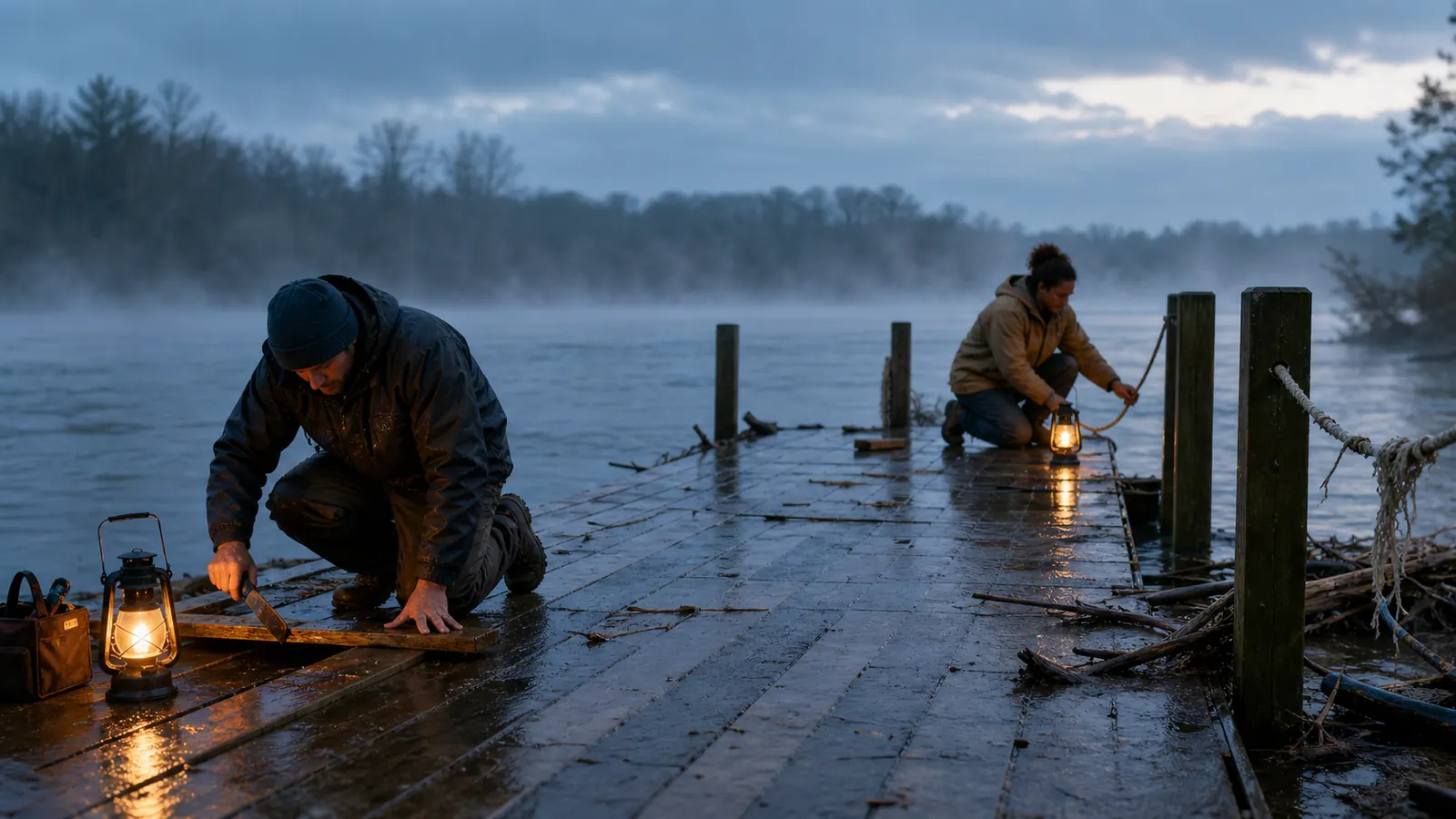 Two people on opposite parts of a quiet riverbank place small lanterns along a shared landing after a storm. They remain separate and work carefully rather than embracing or pretending the damage vanished.