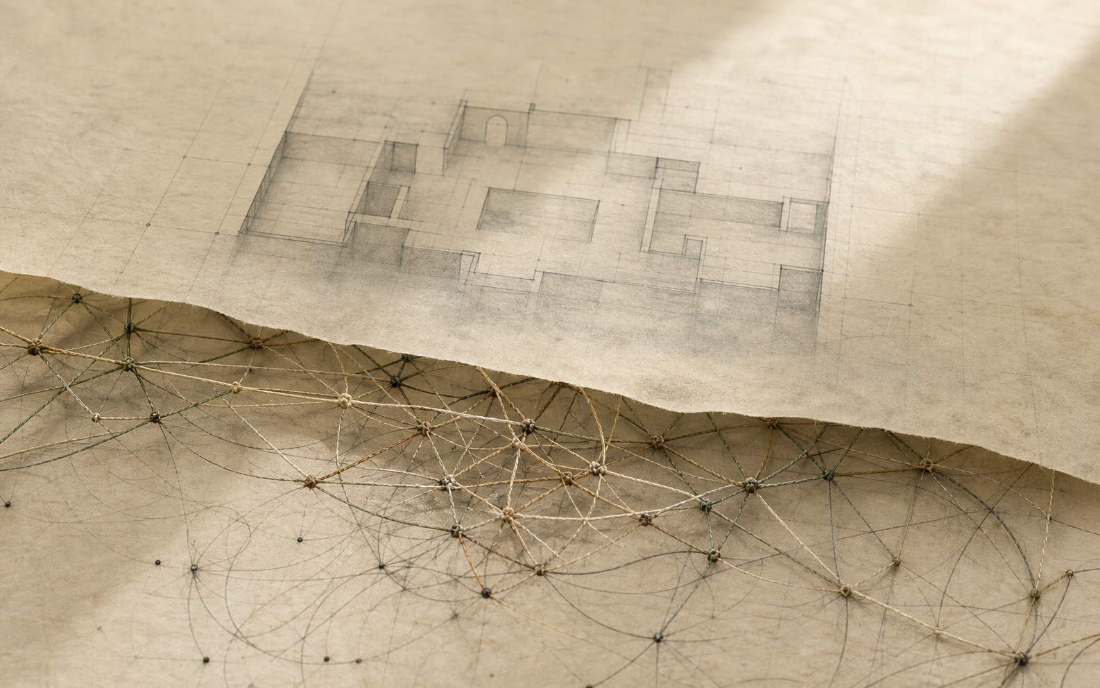 A translucent sheet where a faint room-like outline emerges above a hidden weave of threads and knots.