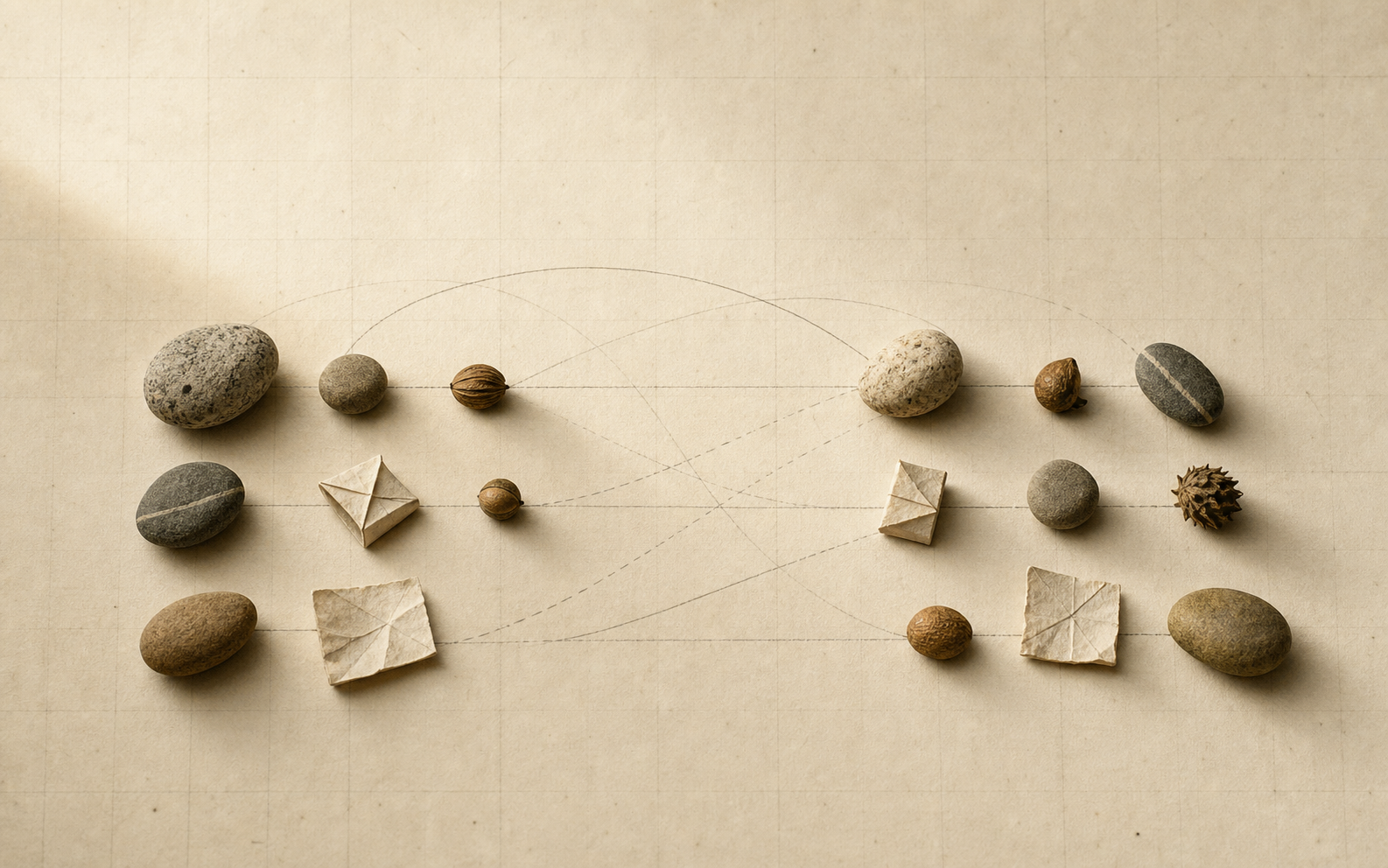 Small stones, seeds, and folded scraps arranged into two subtly different physical states.