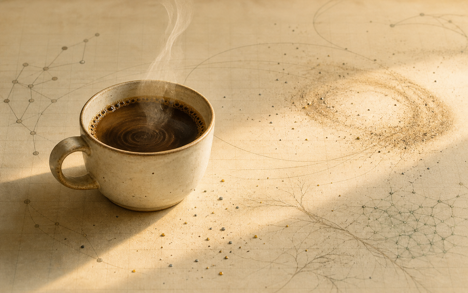 A cup of coffee on warm gridded paper, with faint steam, ripples, and delicate graphite arcs nearby.