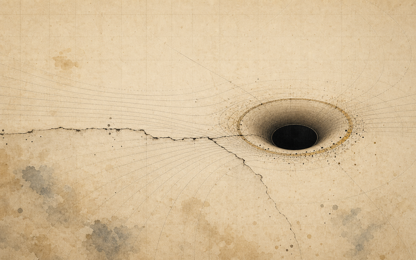 A dark horizon pressed into parchment, with delicate cracks and curved lines gathering around its rim.