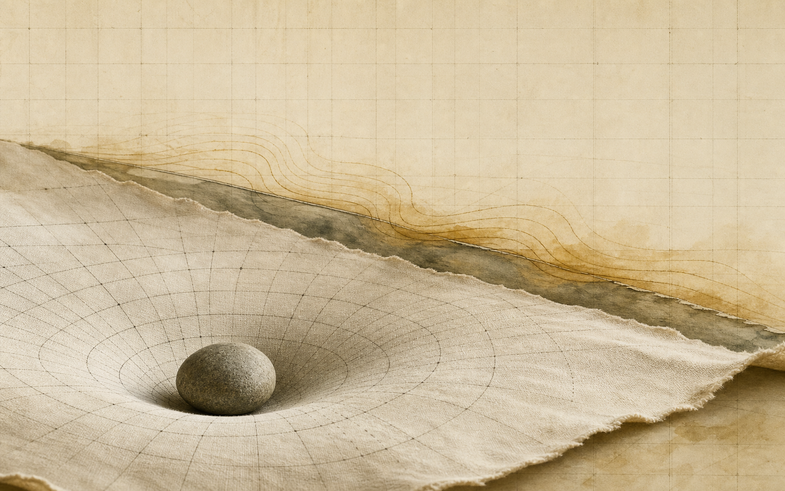 A stone dimpling a pale membrane while faint curvature lines and heat-like ripples cross the surface.