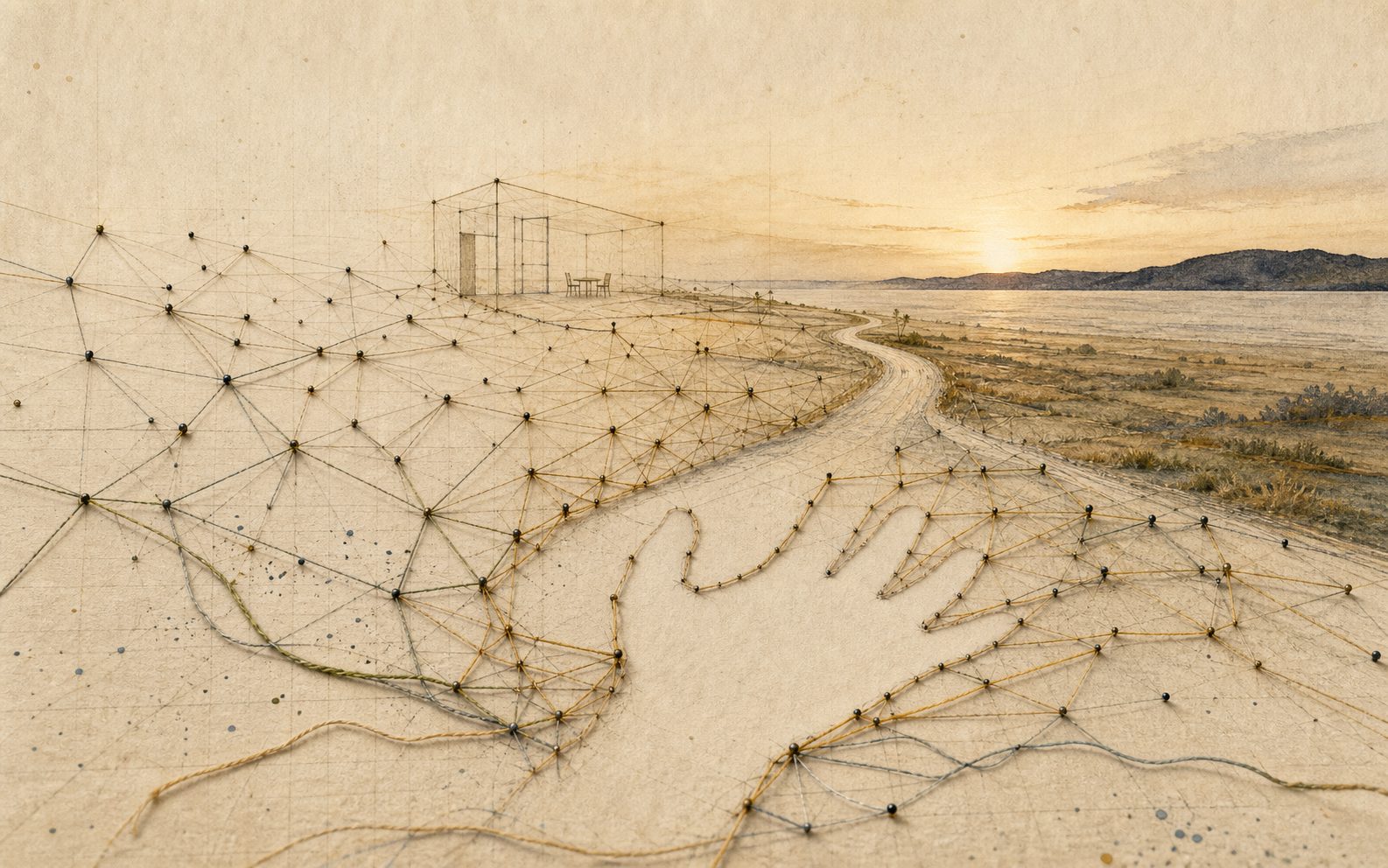 Threads and dots gathering into a road, a faint room outline, a distant horizon, and an open hand shape.