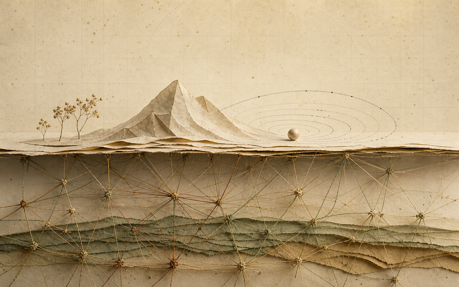 A tiny paper landscape held steady by a subtle lattice of threads beneath its surface.
