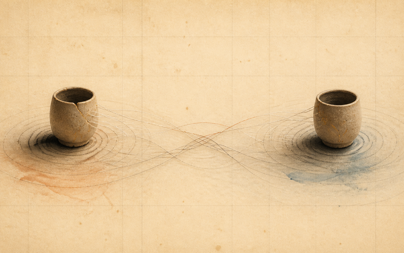 Two separated cups on warm paper connected by faint graphite lines and shared ripples.