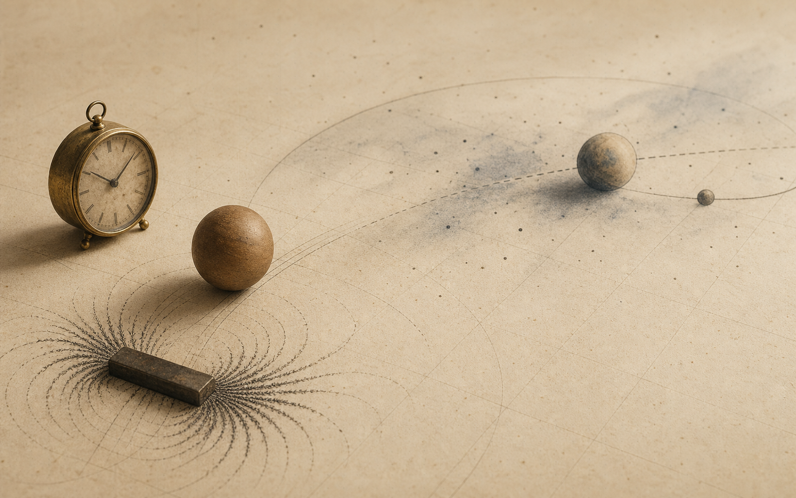 A wooden ball, brass clock, magnet filings, and faint orbital arcs resting on warm gridded paper.