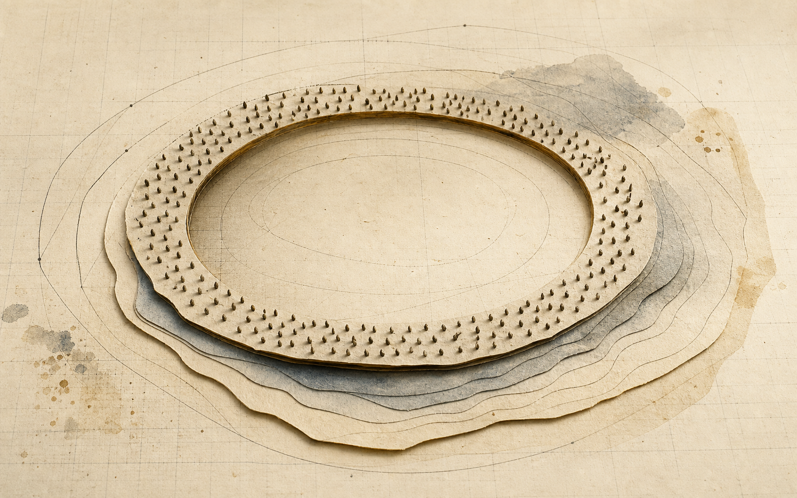 A layered circular surface on parchment, with tiny marks gathered along the boundary ring.