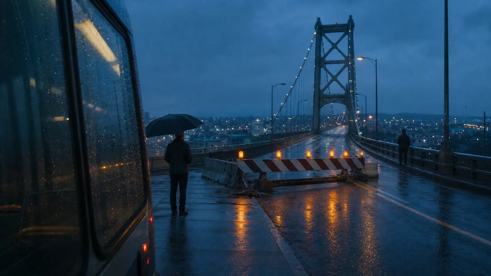 Two distant observers face the same rain-dark bridge and amber road barrier from different positions.