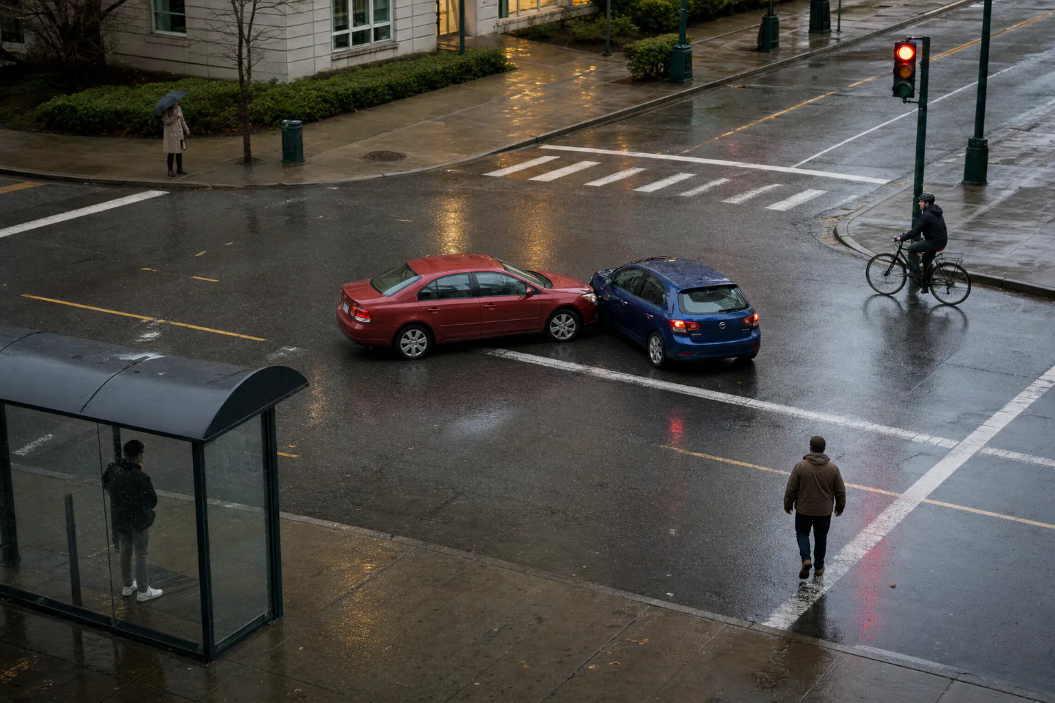 Witnesses occupy different positions around one rain-wet intersection after a minor collision; a bus shelter blocks one view while a cyclist, an umbrella holder, and later arrivals see other portions.