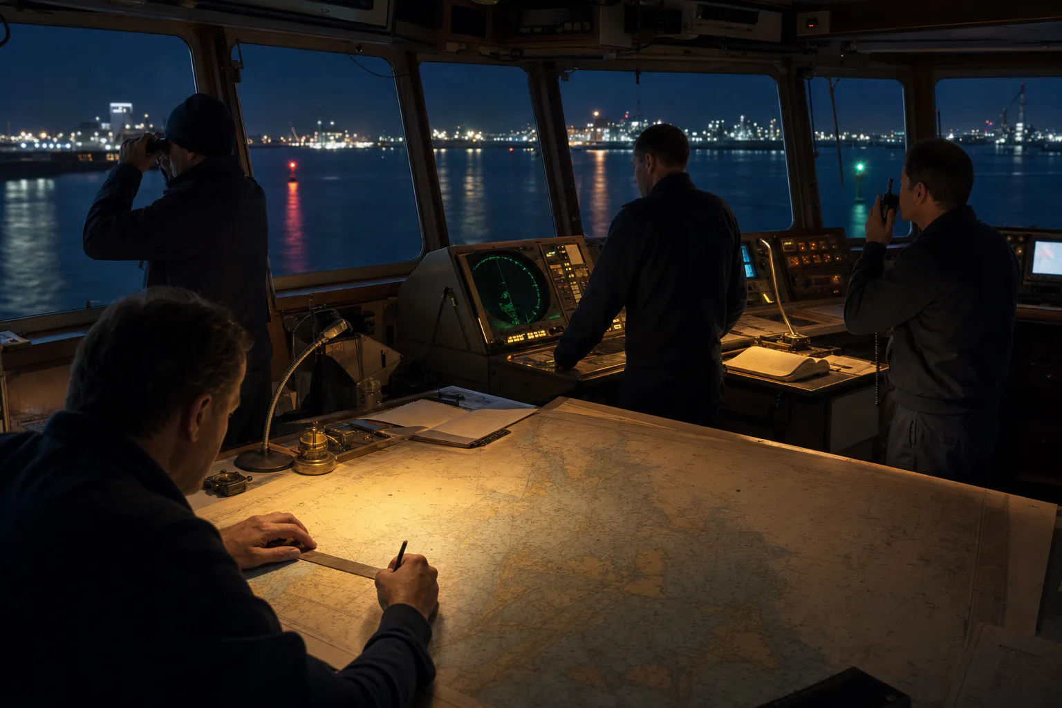 A ship’s navigation crew approaches a harbor at night by combining a paper chart, visual bearings, radar, radio communication, and several coordinated roles.