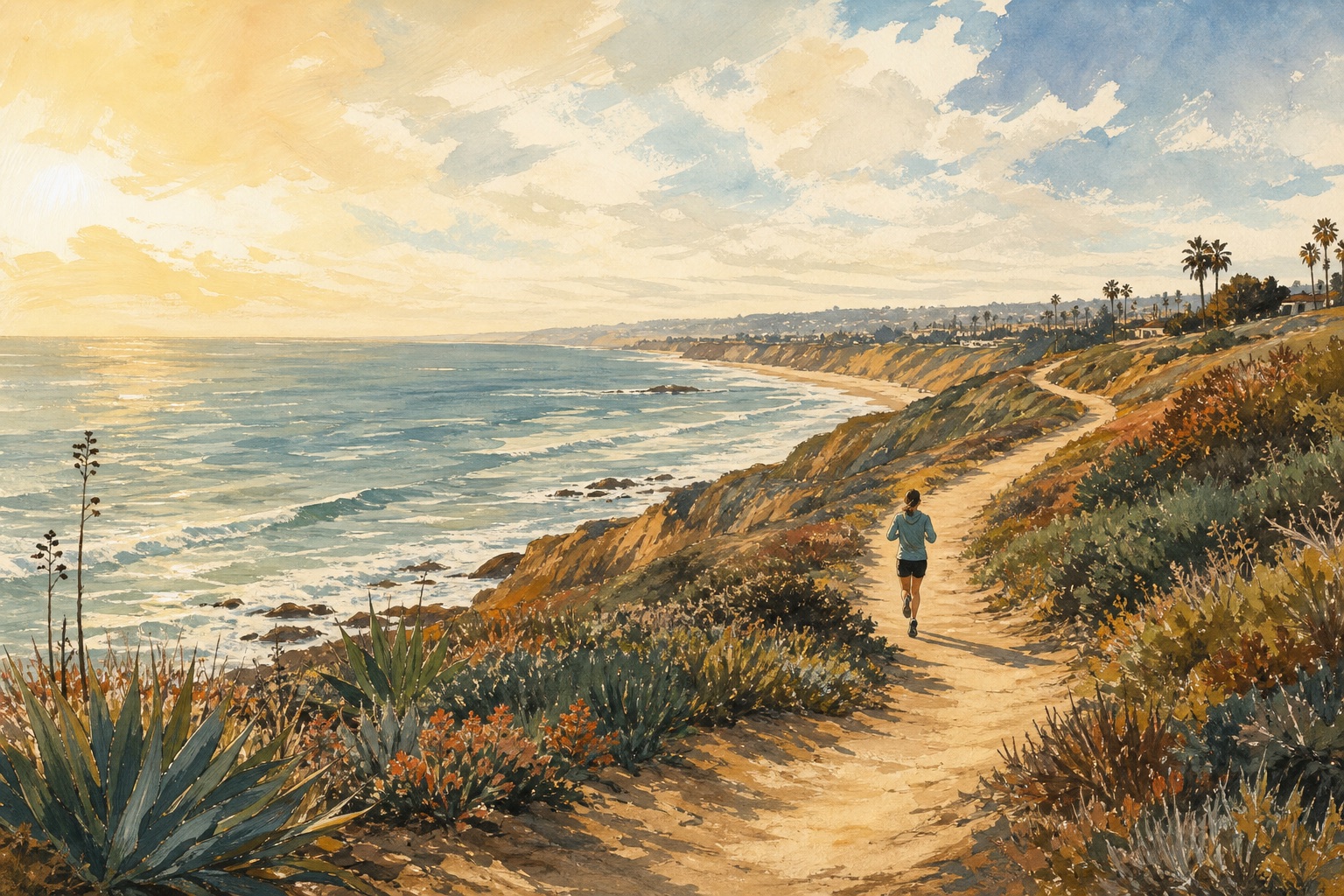 Illustration of a runner moving along a Southern California coastal path above the ocean.