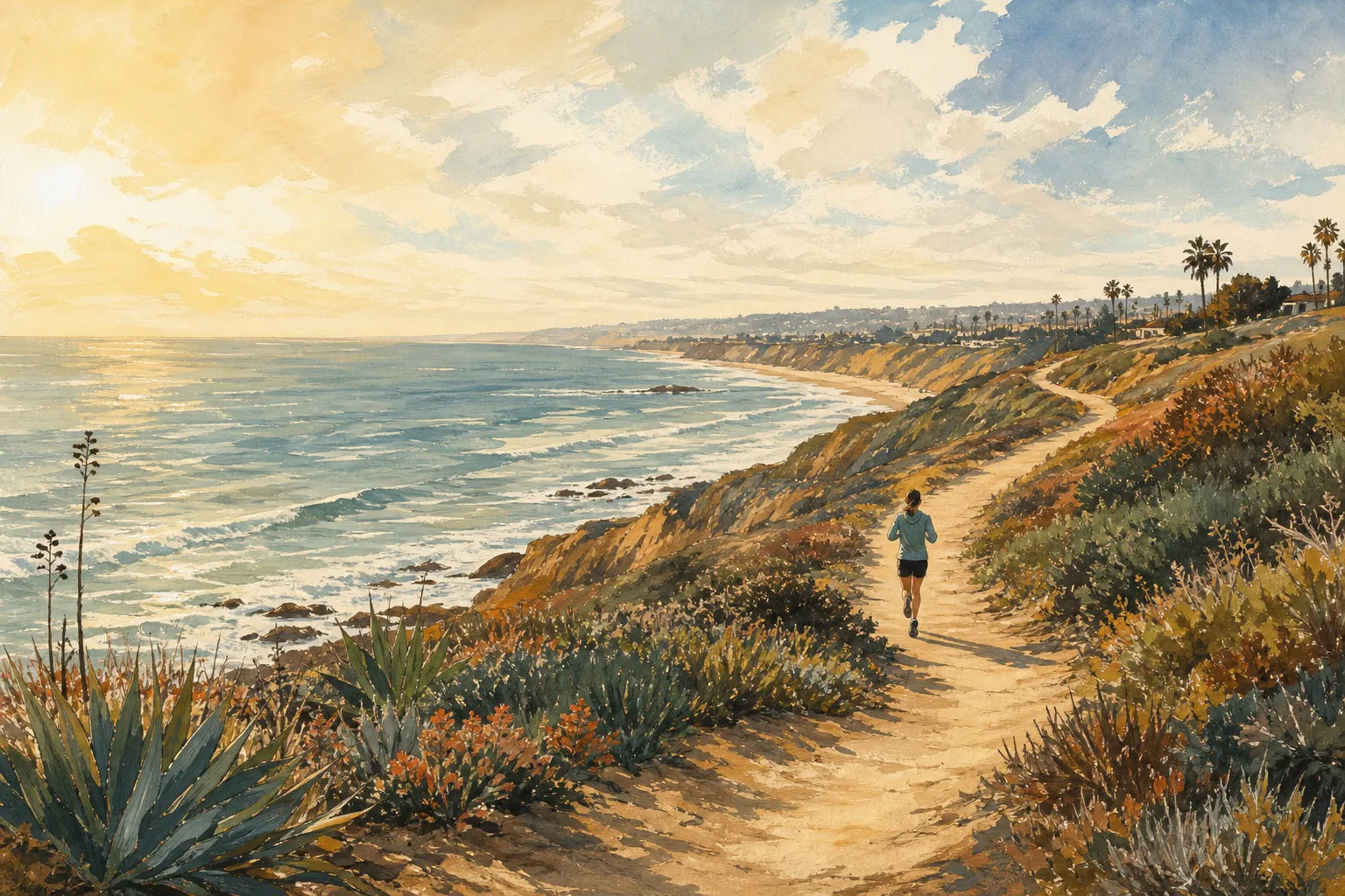 Illustration of a runner moving along a Southern California coastal path above the ocean.