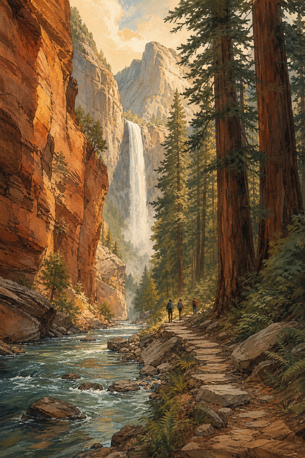 Illustration of hikers on a trail between redwoods, canyon walls, river water, and a waterfall.