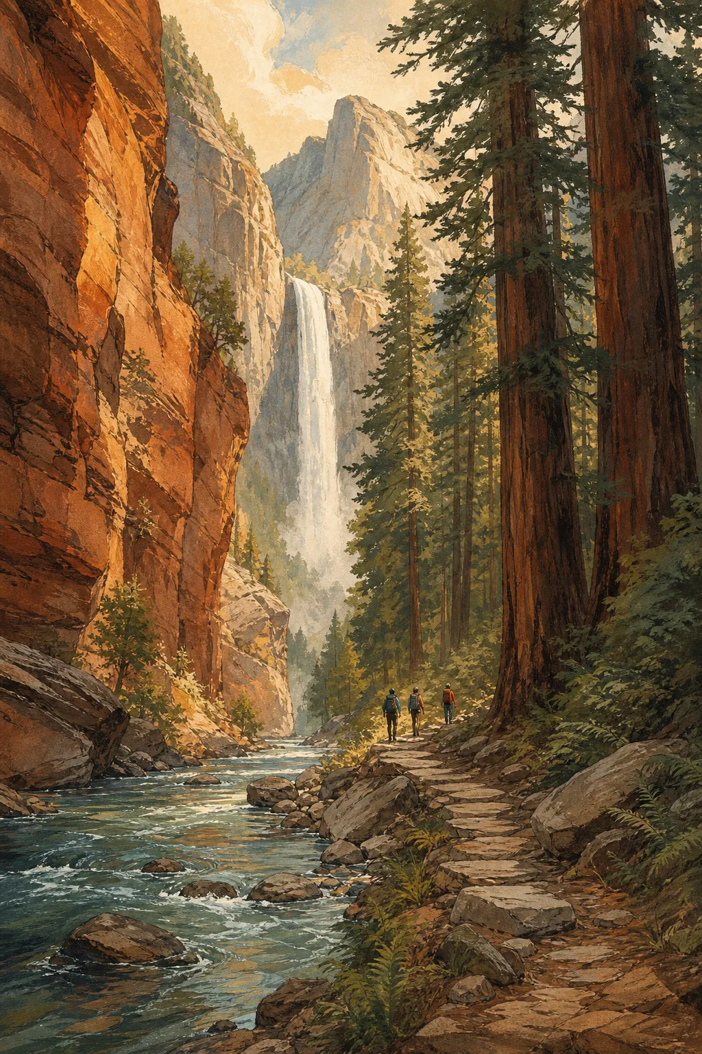 Illustration of hikers on a trail between redwoods, canyon walls, river water, and a waterfall.